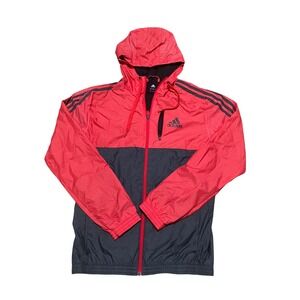 Adidas Mens Windbreaker Jacket Red Grey Colorblock Hooded Full Zip Small